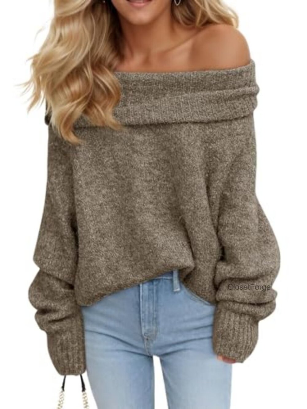 Off Shoulder Sweater Women Oversized Ribbed Knit Pullover Slouchy Long Sleeve